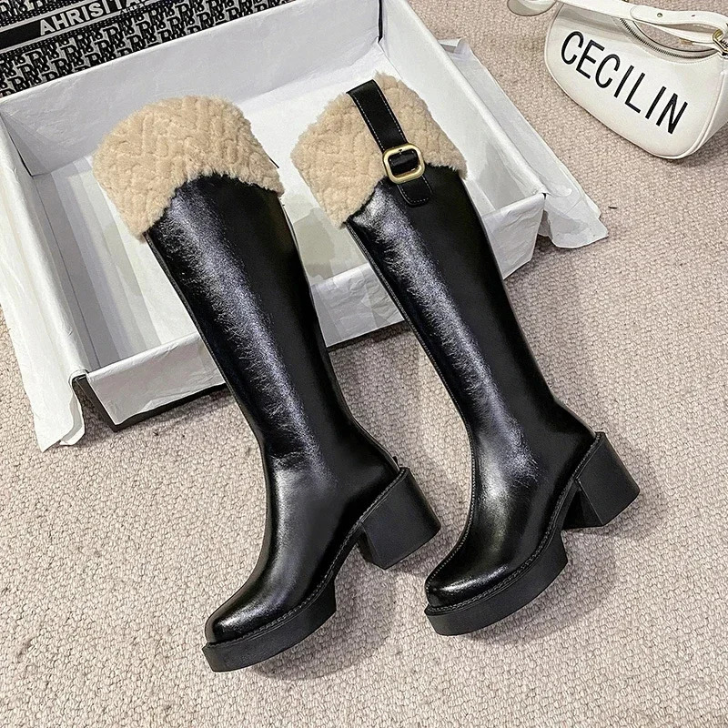 Womens knee high for fur zipper platform boots plush edge womens shoes Botas unprinted good product 241024