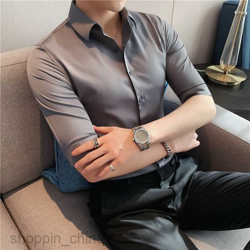 Men's Casual Shirts premium gray long sleeved suit shirt with men's stretch lining and style slim fit business short sleeved base shirt tops