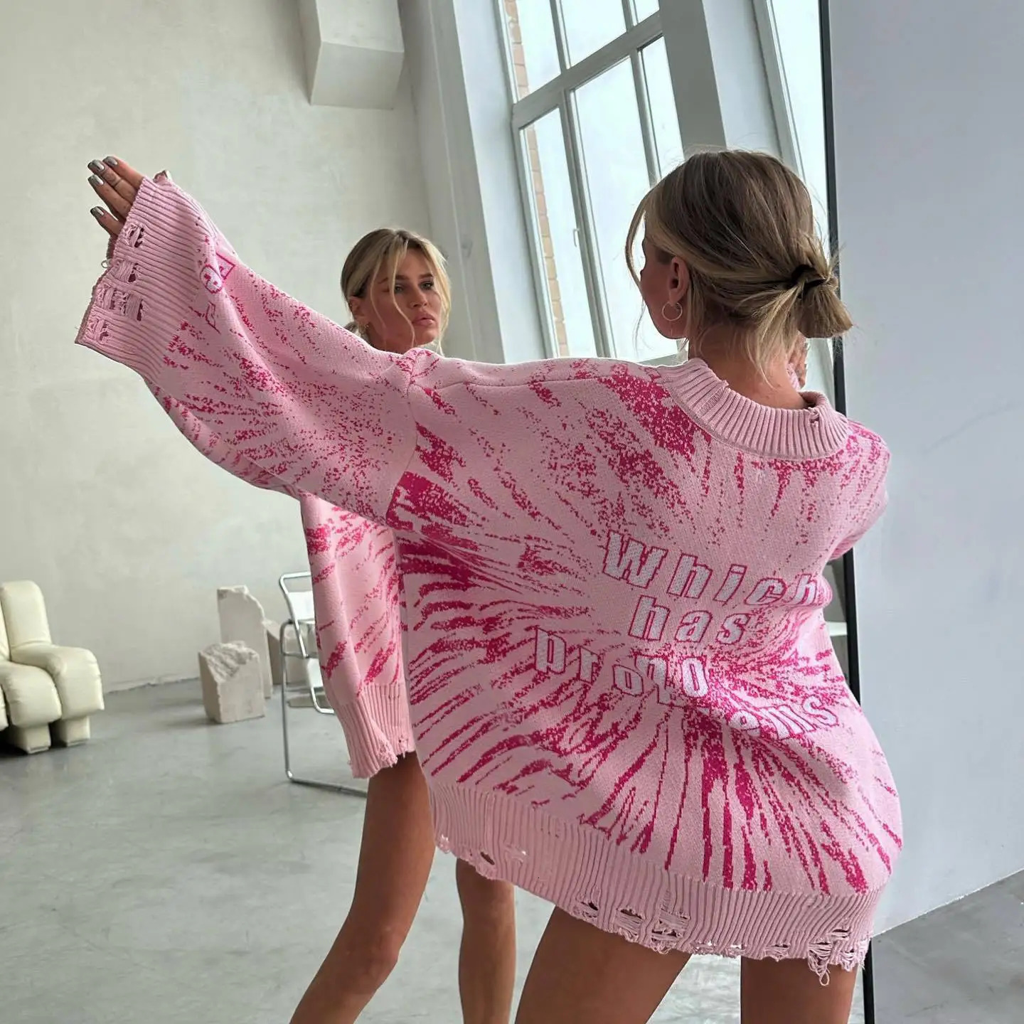 Autumn Winter Women Long Sleeves Knitted Sweater Harajuku Loose Letter Embroidery Personality Lazy Style Pullover Outwear 241021