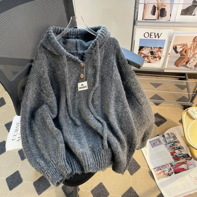 Korean Knitted Hooded Sweater Women Fall Winter Long Sleeved Warm Buttons Loose Pullover Solid Harajuku Lazy Sprots Sweatshirt 241021