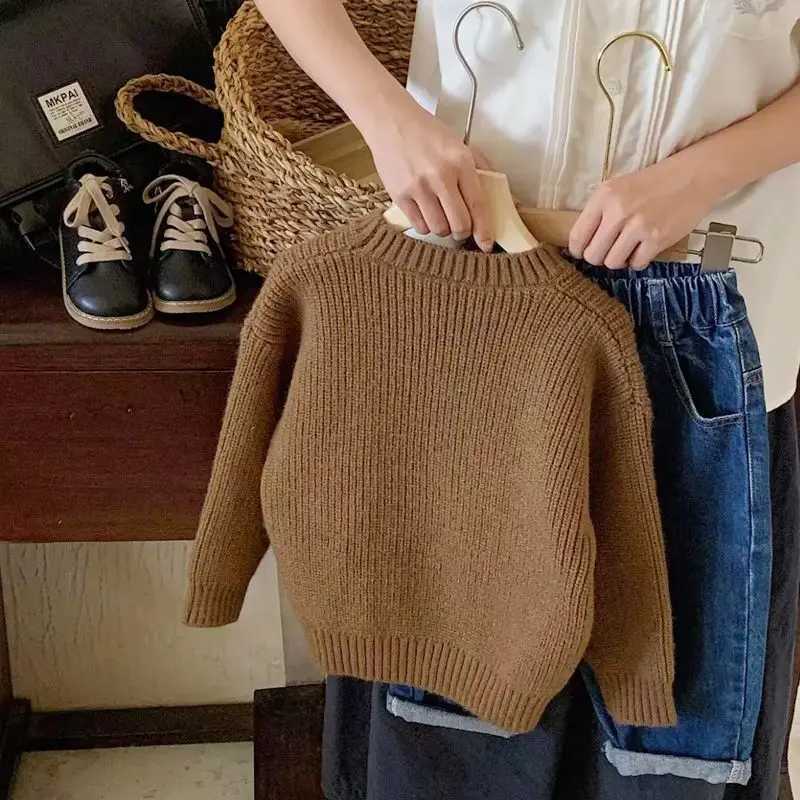 Korean style childrens sweater knitted and pulled 2024 autumn and winter new half round neck boys sweater 2-6Y girls bottom top W241025