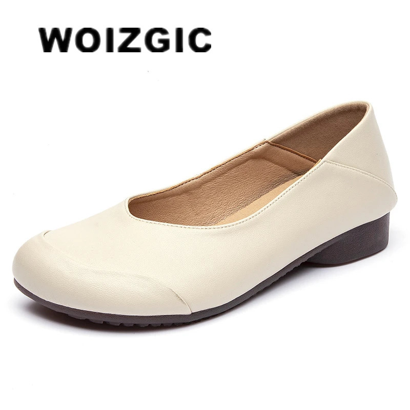 WOIZGIC Womens Mother style Womens Genuine Leather Shoes Flat Shoes Retro Ballet Dancer National Mocha Casino Round Toe Anti slip 241024