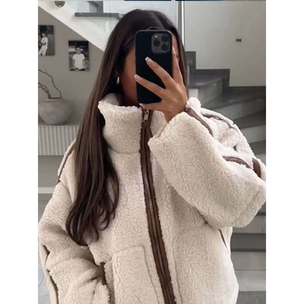 Casual Stand Collar Full Sleeve Patchwork Jacket Warm Double-End Zipper Pockets Plush Coats New Female Winter High Streetwear