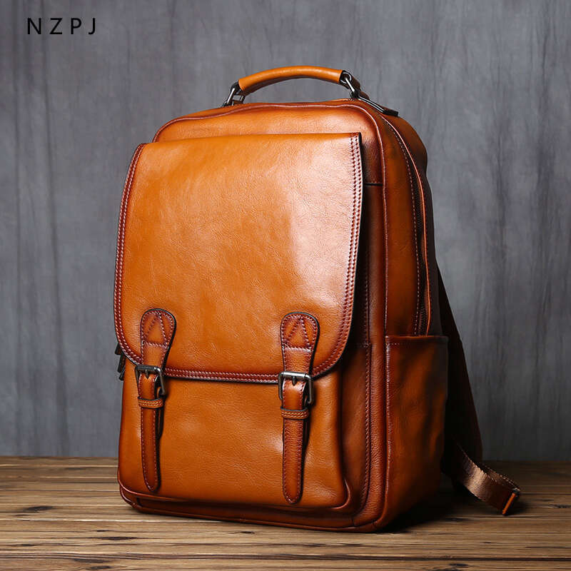 Leather Backpack Natural Cowhide Schoolbag Fashion Computer Casual Men's Bag Suitable For 16 Inch Laptop