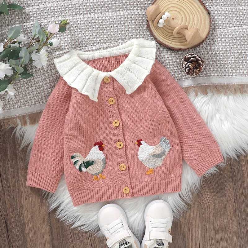 Womens knitted cardigan sweater rooster embroidery doll collar knitted jacket childrens autumn and winter clothing W241025