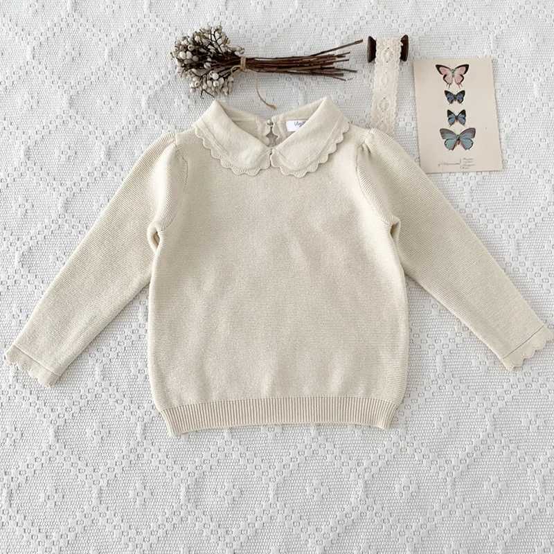2024 Baby Girls Sweater Spring Knitted Floral Top for Preschool Children Solid Color Ruffle Collar Baby Girls Sweater Korean Style W241025