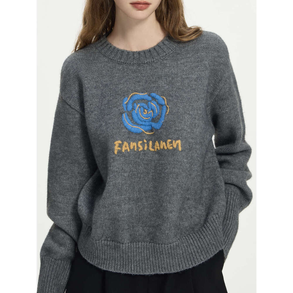 FSLE Two Colors Wer Embroidery Round Neck Women Sweater Fall Winter 2024 New Loose Versatile Warm Wool Knit Pullover24fs14165 250527