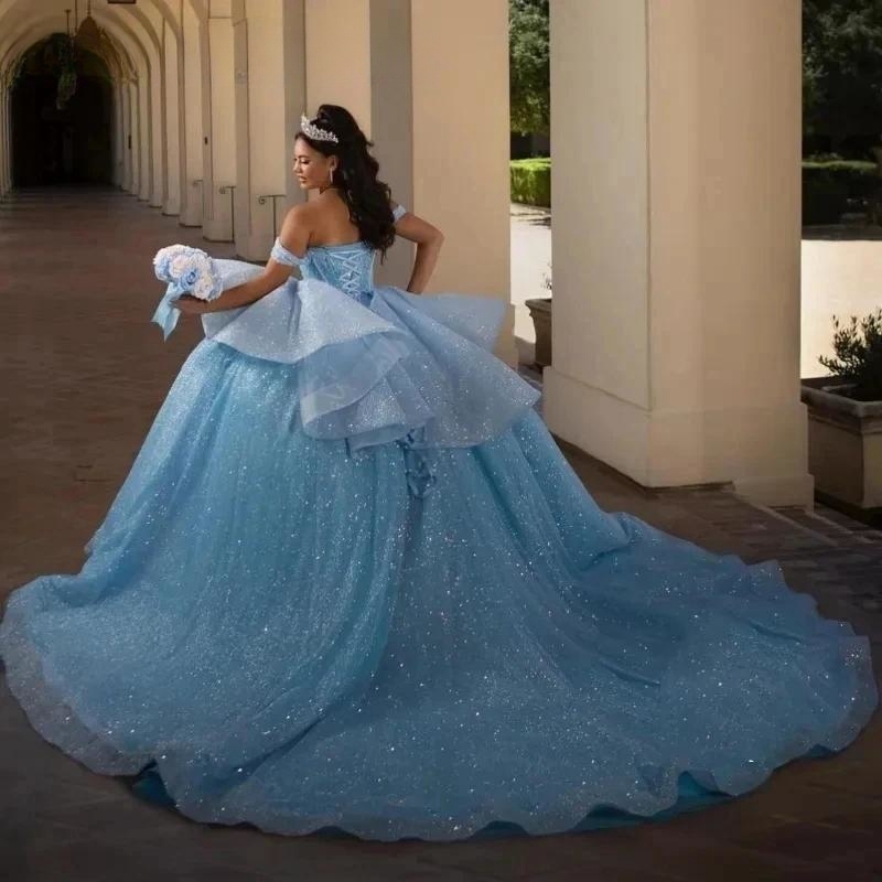 Shiny Quinceanera Dresses Ball Gown Off The Shoulder Beading Crystal Tull Corset Birthday Party Sweet 16 Vestidos De 15 Anos