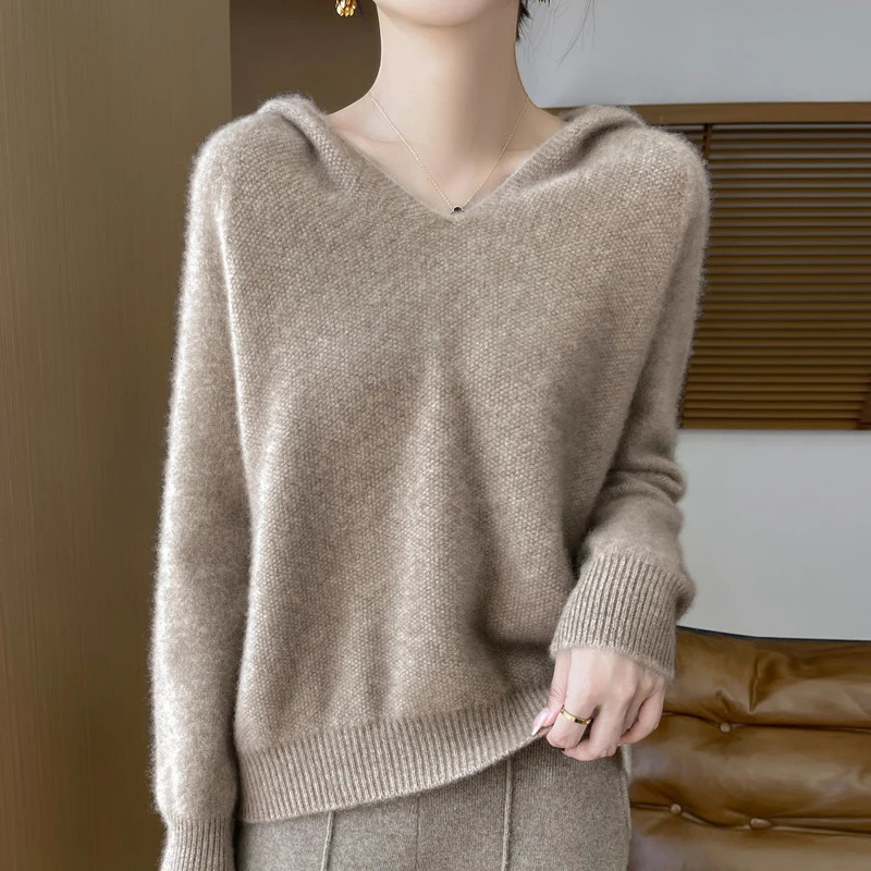 Osmanso needle Autumn and winter 100% Merino wool hoodie cashmere sweater womens Vneck warm bottom knit shirt top 241021