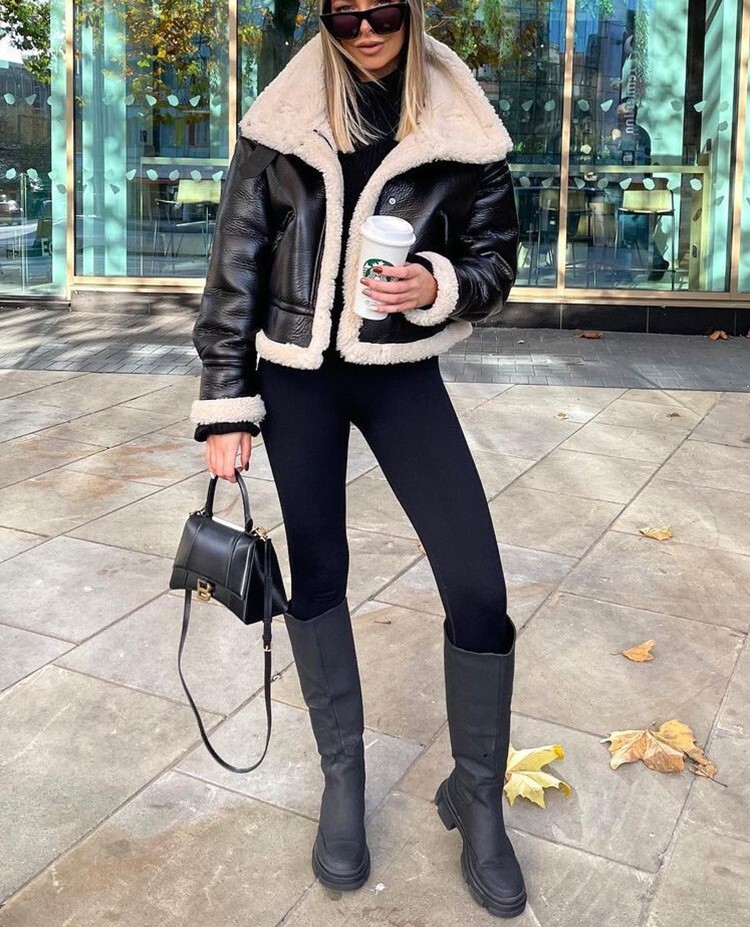 CNACNOO Women Fashion Thick Warm Faux Leather Shearg Jacket Coat Vintage Long Sleeve Flap Pocket Female Outerwear Chic Tops