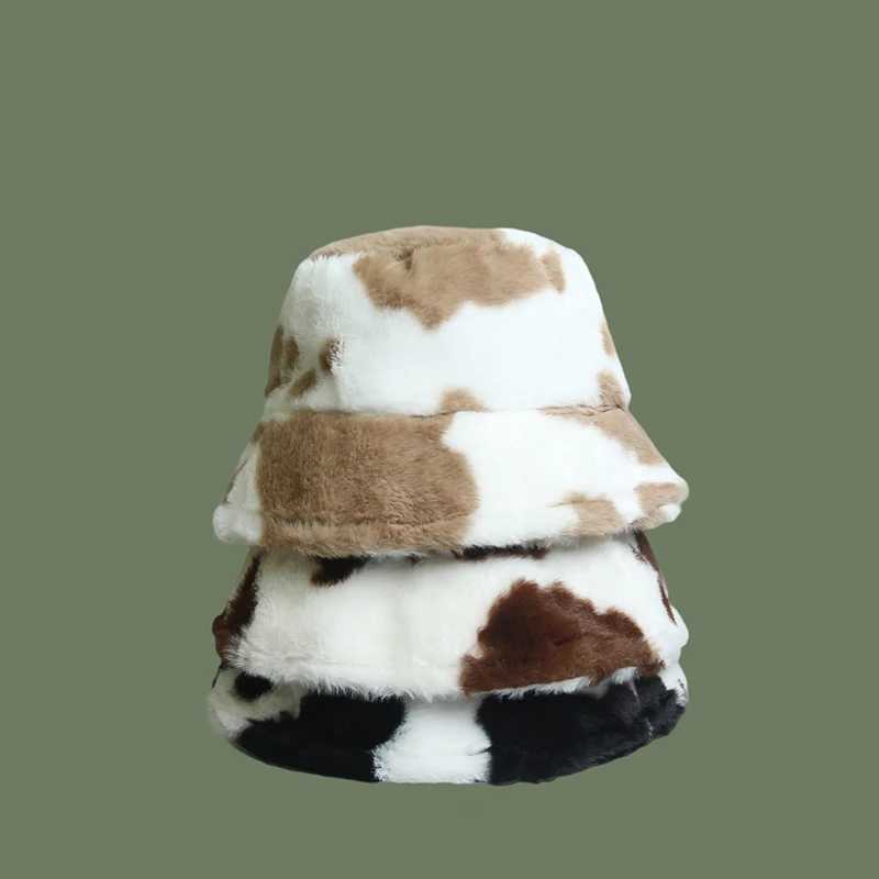 Winter Plush Cow Print Women Bucket Hat Fluffy Faux Fur Panama Fisherman Cap Outdoor Warm Fashion Furry Female Flat SunbonnetX241025