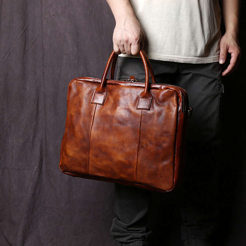 Retro Handmade Men's Handbag Top Layer Cowhide Horizontal Computer Bag Vegetable Tanned Leather Zipper Briefcase NZPJ