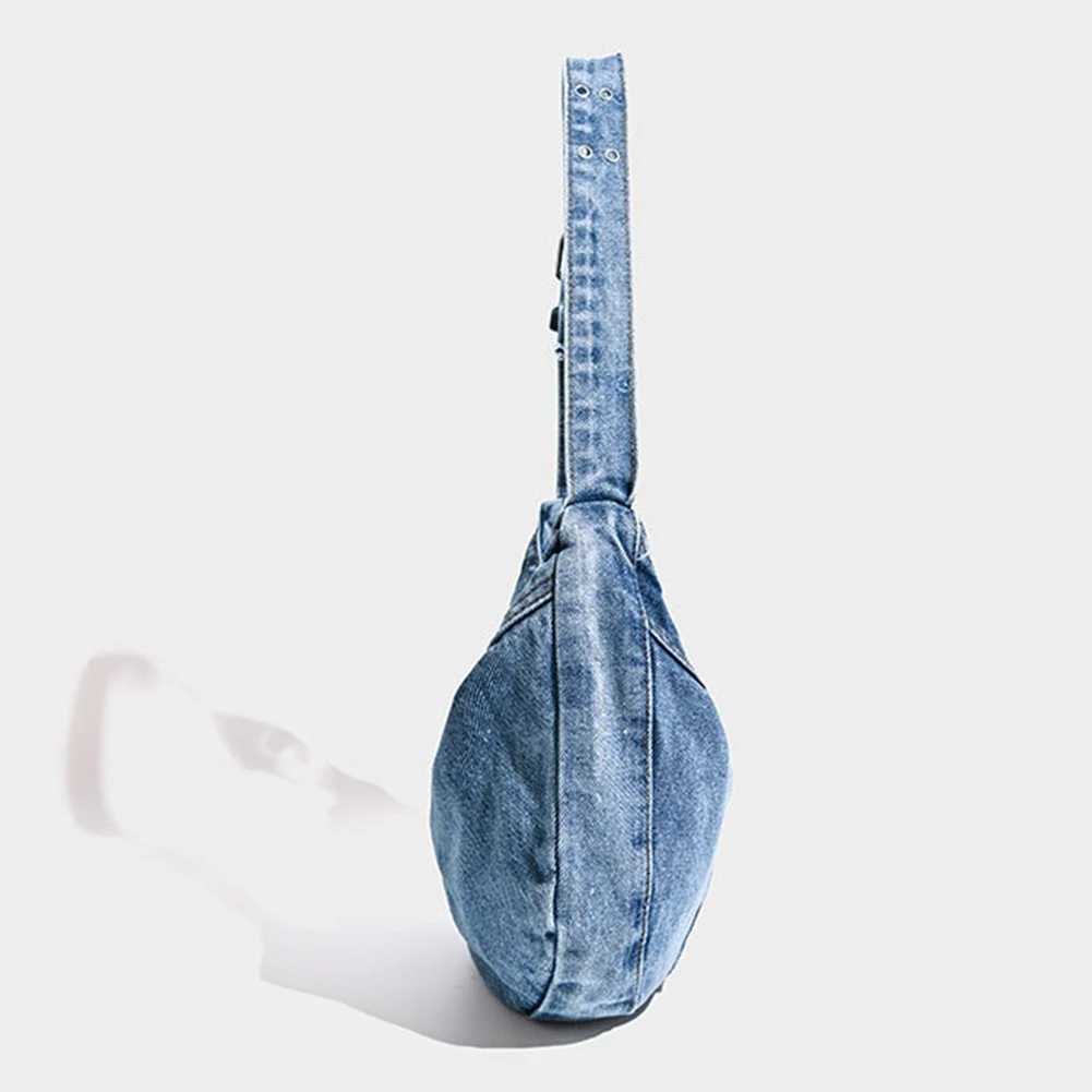 Denim Shoulder Bag Adjustable Strap Women Crescent Dual Pockets Messenger Zipper Travel Shopping Purse 241025