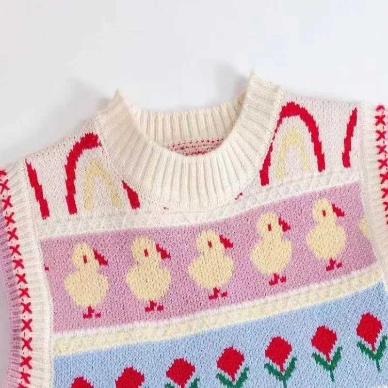 Cute baby girl knitted vest with spring and autumn cartoon stripes sleeveless pullover sweater childrens girl vest childrens clothing 1-6Y W241025