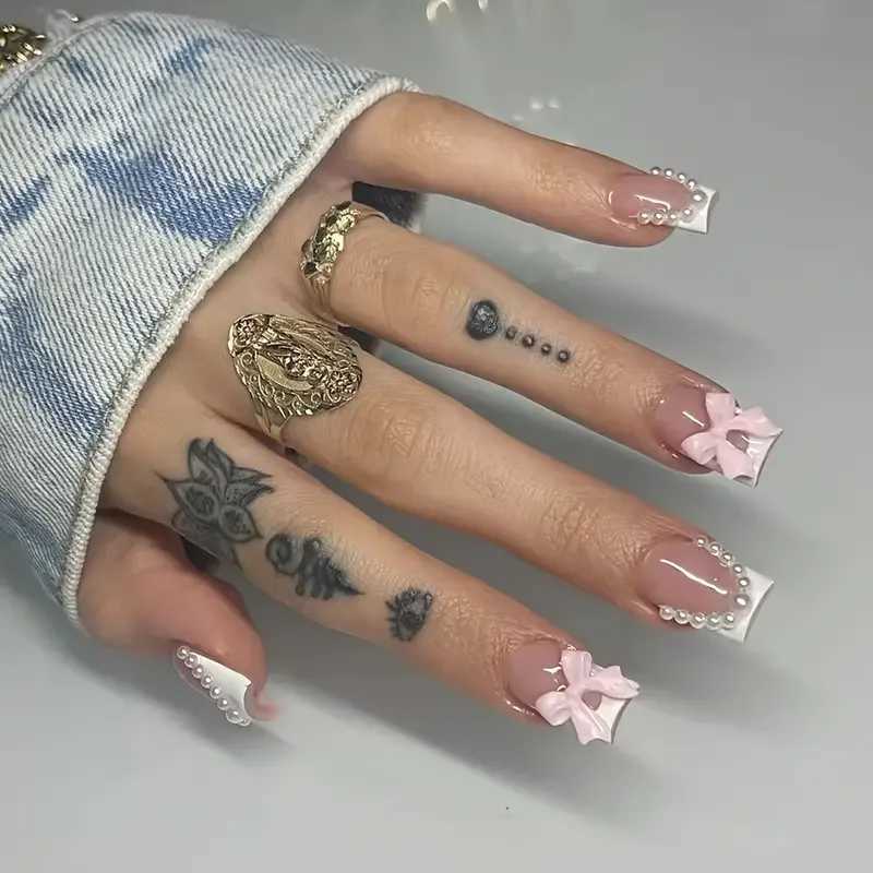 24Pcs Pinkish Press on Nails Set Short Square 3D Bow Pearl Design Sweet False Nails for Women Girls French Nail Tips SalonXJ241025