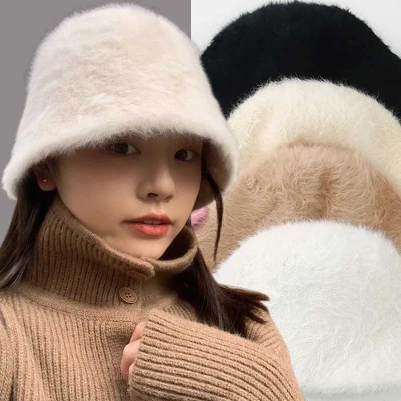 2024 New Winter Rabbit Fur Hat Womens Fashion Solid Color Bucket Cap Fishermans Hat Retro Knitted Wool Basin Bucket HatX241025