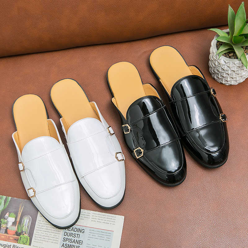 Men Dress Shoes Mens Shiny Small Leather Shoes Summer New Style Casual Shoes Hooded Half Slippers Breathable And Backless Shoes 241009