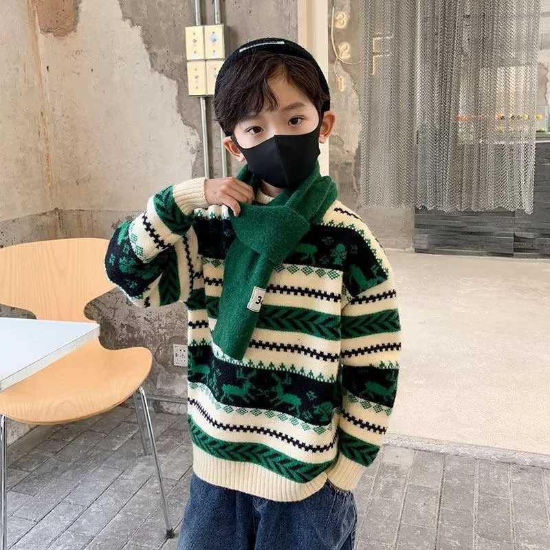 Boys wool sweater crocheted cotton windproof 2024 fashionable and elegant thick autumn winter coat school warm childrens clothing W241025