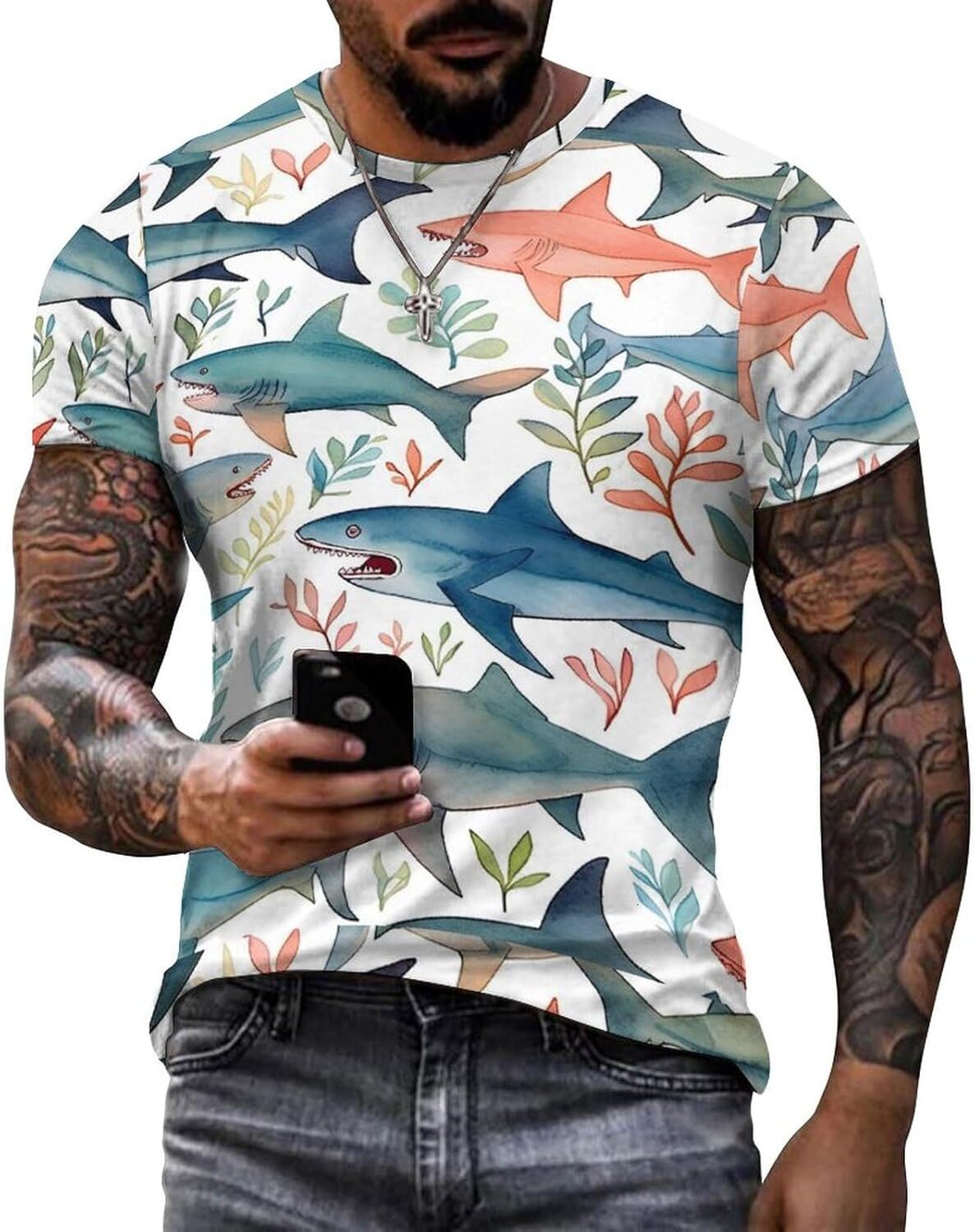 Mens T shirt Shark Pattern Cotton T-Shirt 3D Printed Casual Shirt Men's Crew Neck T-Shirt tee Casual tops summer All-in-one fashion clothes
