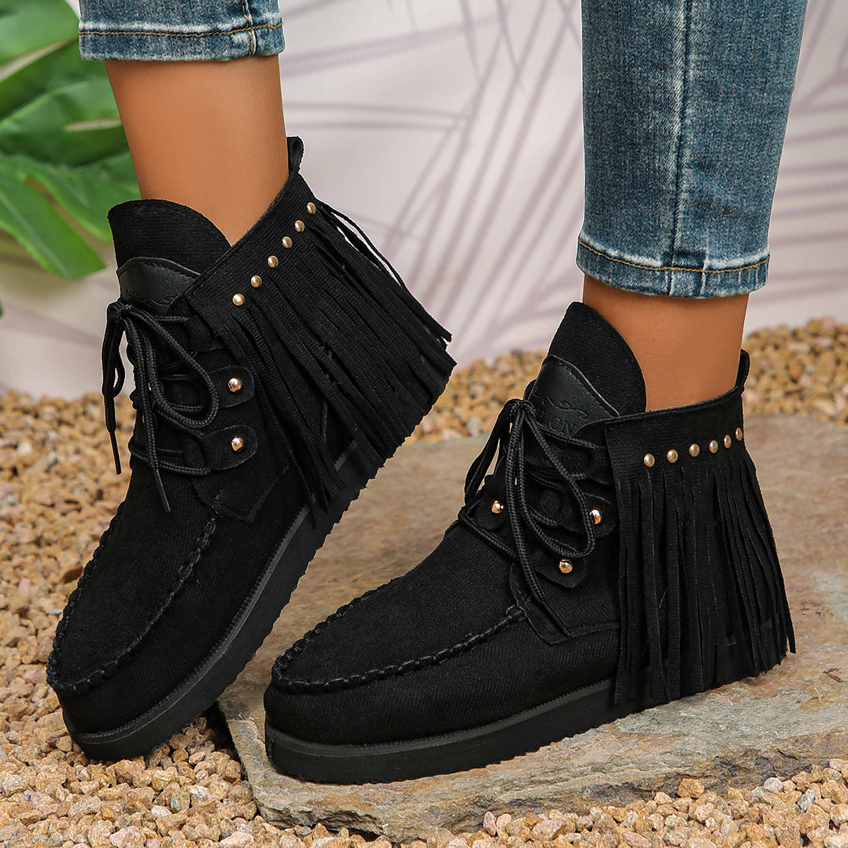 free shipping new designer men womens snow winter cotton warm shoes tassel lace up for women suede short tube flat bottomed rivet boots booties