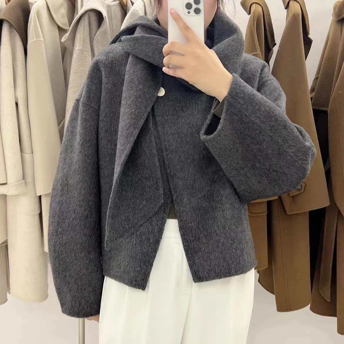 Scarf Short Beige Coat Women Autumn Patchwork Long Sleeve Loose Female Cardigan Elegant Double Sided Chic Streetwear