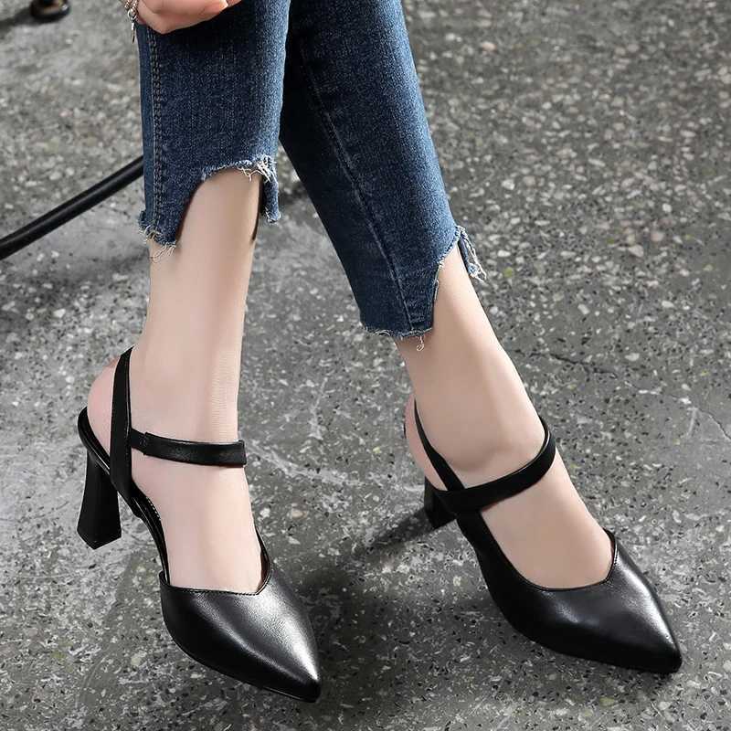 High Quality Soft leather solid color sandals for womens summer new thick high heels with a headband Fi high heels for women T241024
