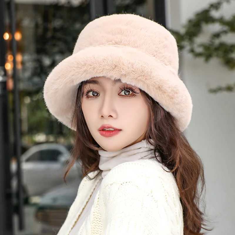 Hat Fluffy Faux Fur Bucket Women Cap Rabbit Fur Warm Thick Plush Winter Leopard Hat Lady Y2k Luxury Fashion Party Fisherman CapX241025