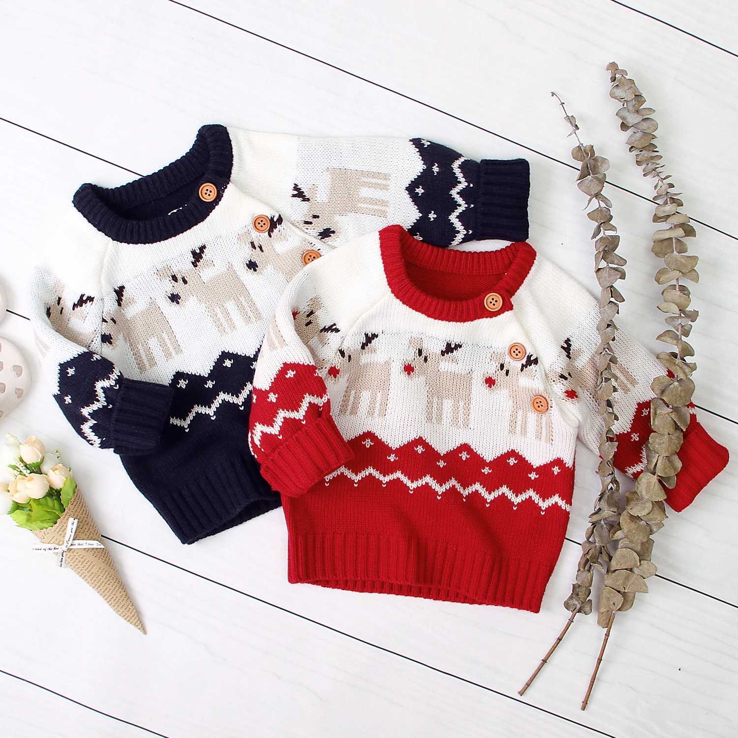 Christmas Girl Boy Knitted Cartoon Sweater Round Neck Long Sleeve Loose Sweater with Elk Pattern Suitable for Spring and Winter W241025