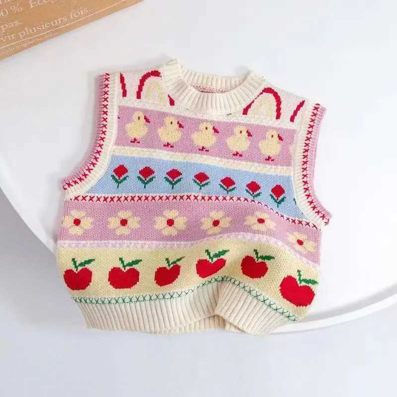 Cute baby girl knitted vest with spring and autumn cartoon stripes sleeveless pullover sweater childrens girl vest childrens clothing 1-6Y W241025