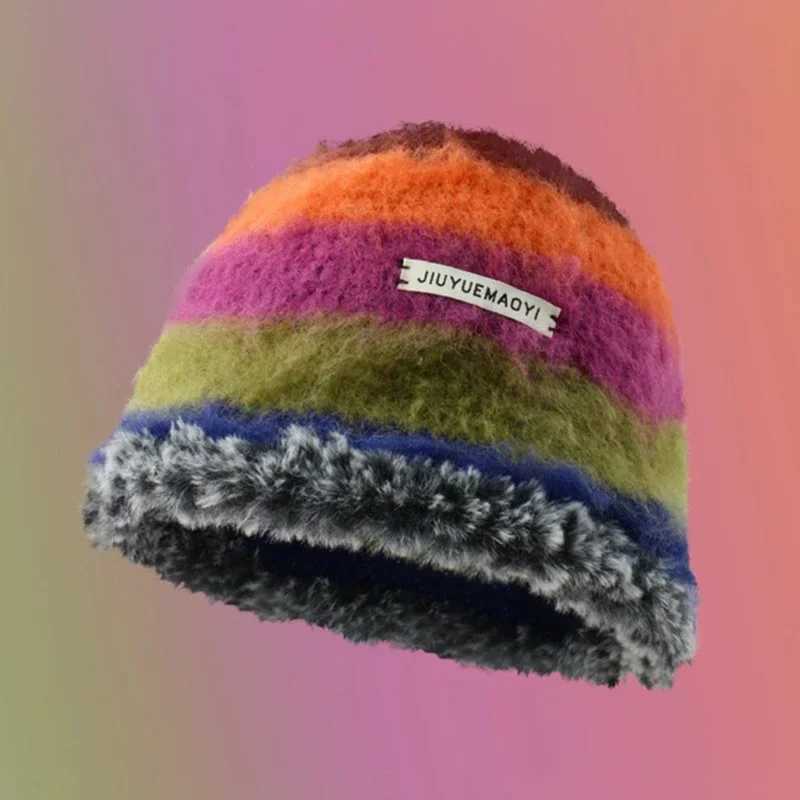 Japanese New Gradient Wool Rainbow Color Stripe Beanies Women Handmade Crochet Beanie Thick Warm Knitted Hat Winter Bucket HatX241025