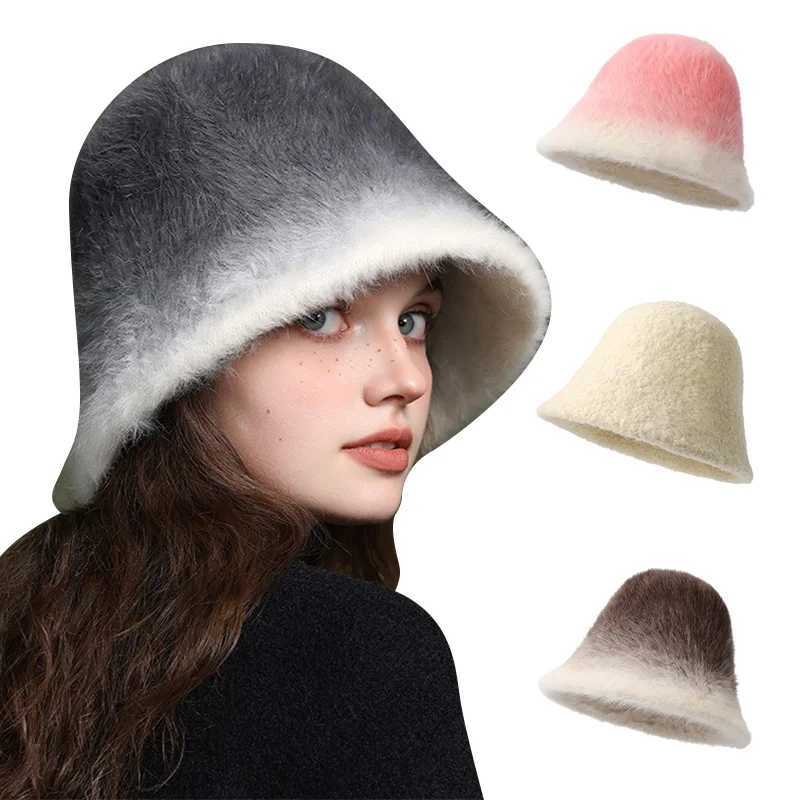 Gradient Rabbit Fur Fisherman Cap Beanies for Women Plus Velvet Warm Bucket Hat Winter Windproof Thickened Adjustable Basin HatsX241025