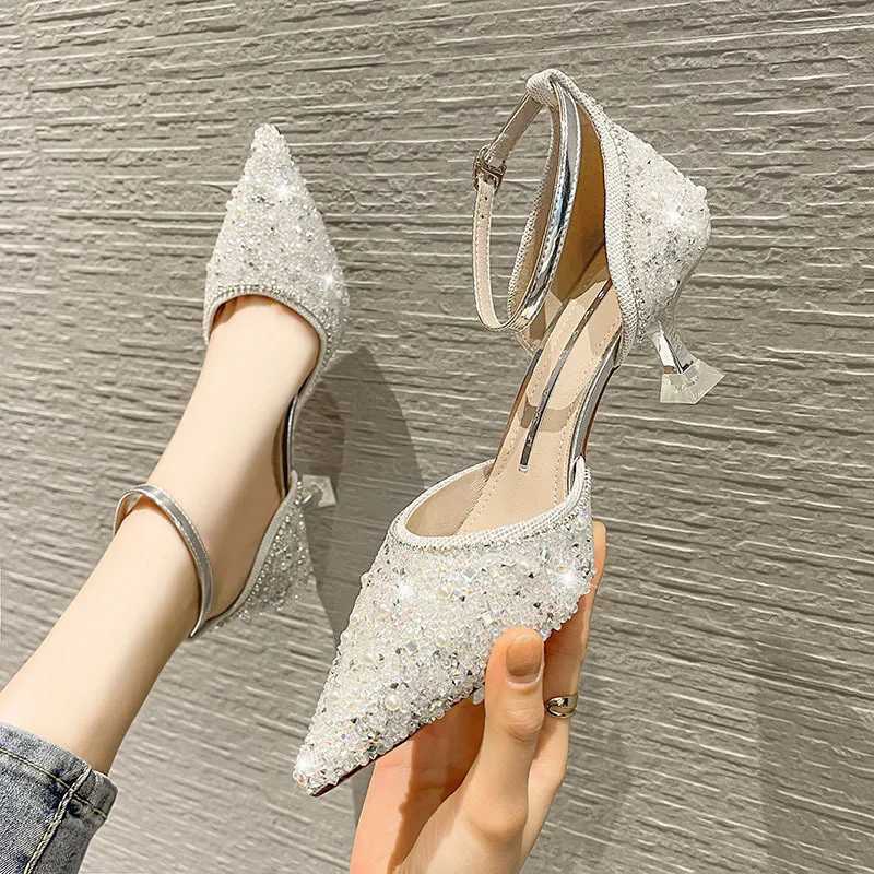 High Quality Womens shiny pumps ankle strap crystal high heels womens Pointed toes thin high heels wedding party shoes T241024