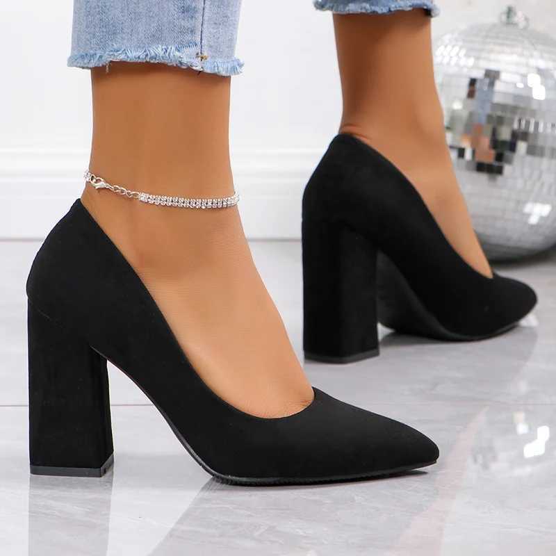 High Quality Sexy black square high heels office shoes womens Pointed Toe Slip high heels pump womens autumn light suede dress womens shoes T241024