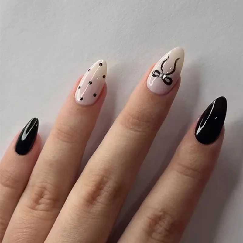 24Pcs Solid Color Red Press on Fake Nails with Bow Design Mid-length Almond False Nail Litchi Pattern Wearable Oval Nail Art TipXJ241025