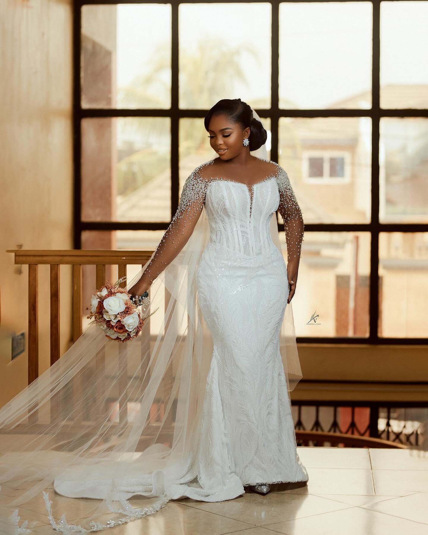 2024 Mermaid Wedding Dresses Bridal Gowns Elegant Wedding Gowns for Bride Long Sleeves Fulllace Sheer Neck Bow Decorated Bridal Dress for African Blac