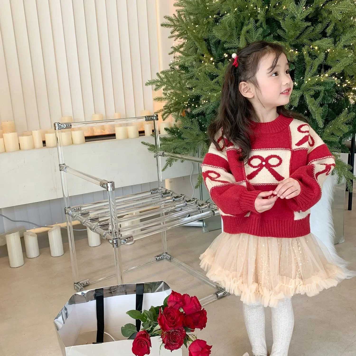 Girls Red Sweater Thickened 2024 Autumn/Winter New Childrens Knitted Childrens Christmas Thread Clothing W241025