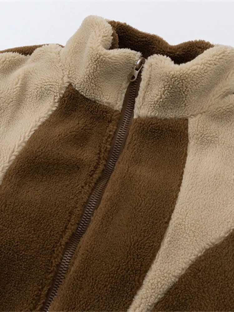 Autumn and winter new cashmere coat mens plush warm jacket fashionable casual stand up collar zipper pocket top loose version W241024