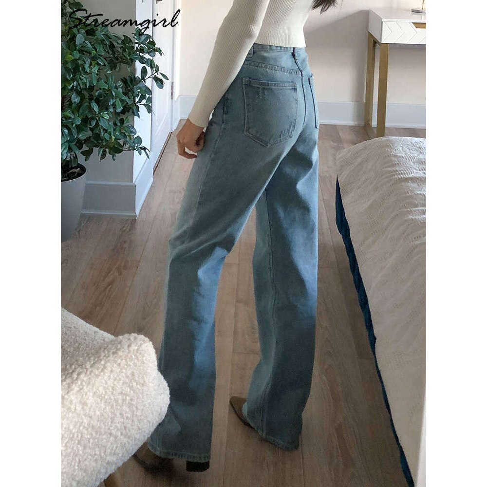 Streamgirl Autumn Wide Straight Leg 2023 Fashion Black Mom Long Jeans Pants For Women Denim Elegant