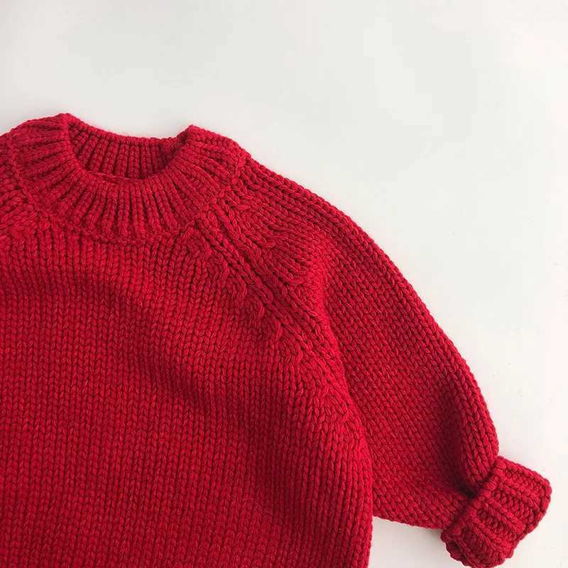 Baby Red Knitted Loose Sweater Childrens Boys and Girls New Years Top Childrens Thick Winter Knitted Soft Long Sleeve Baby Pulling Flower W241025