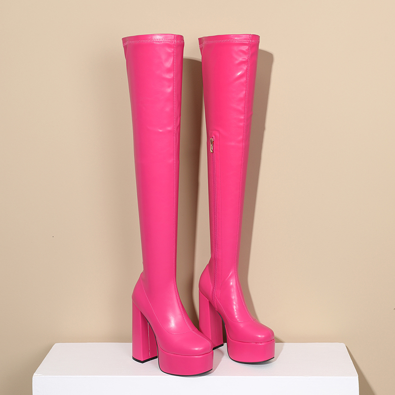 Square Head Platform Super Thick Heel High Quality Elastic Simple Side Zipper Slip On Women's Over The Knee Boots 241110