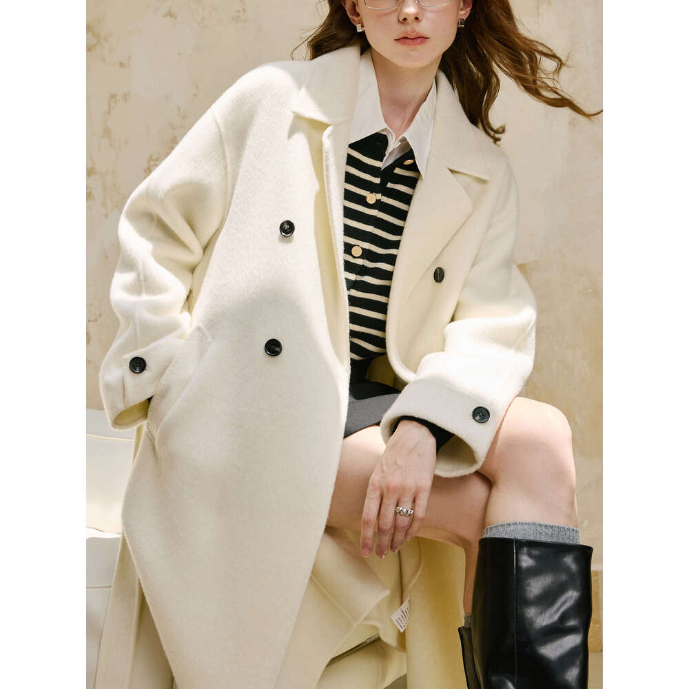 FSLE 100% Double Sides Long For Women Elegant Warm Winter 2024 Chic Coat 3 Colors Wool Tweed Jacket 24Fs14441 250526