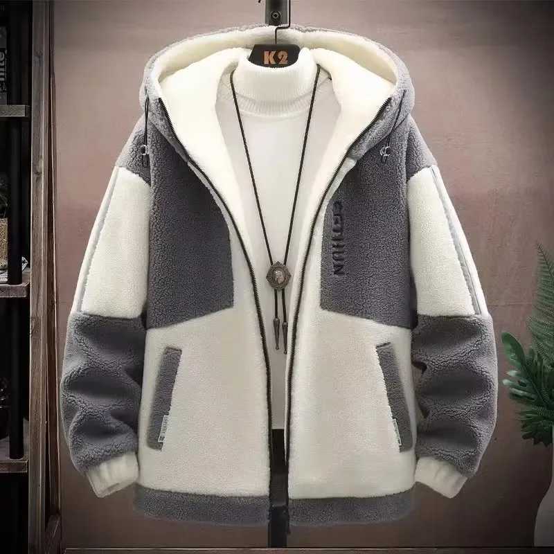 Winter and autumn granular Flce thick T-shirt mens jacket casual hooded Lambswool color matching Kp warm and fashionable W241024