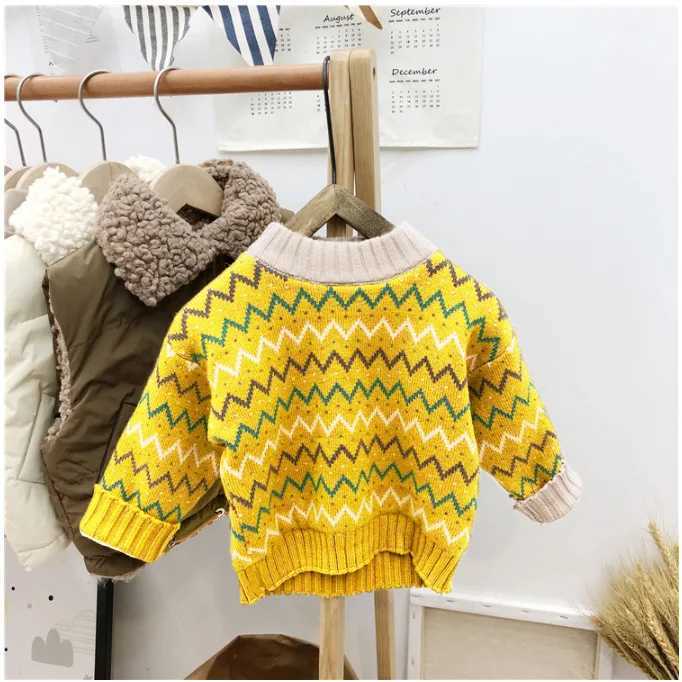 Autumn and Winter Baby Boy Sweater Cotton Wave Stripe Long Sleeve Baby Boy Pulling Rope Round Neck Velvet Preschool Boy Knitted W241025