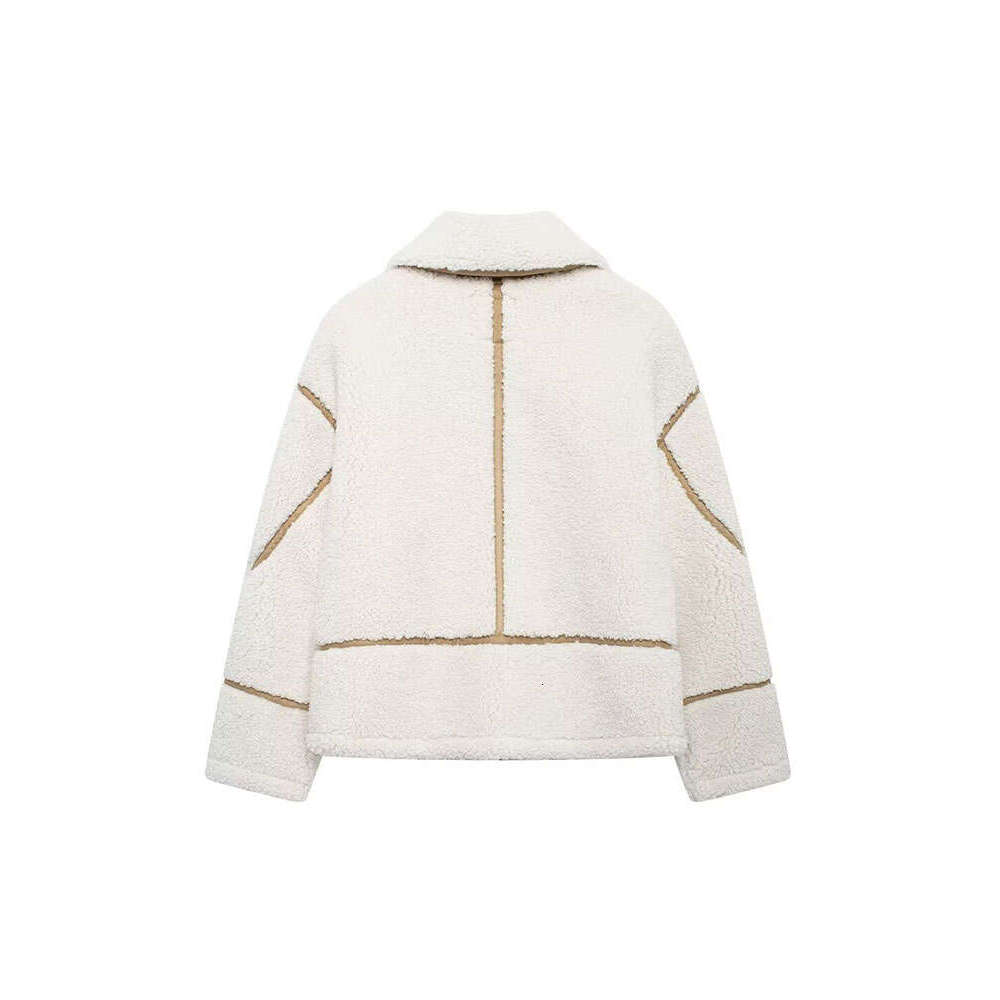 TRAF 2024 Winter Women Lamb Fleece Jacket Lapel Zipper Contrast Color Integrated Overcoat Versatile Warm Thickened Coat