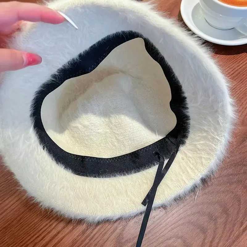 Rabbit Fur Fisherman Hat for Women Windproof Autumn-winter Basin Hat Head Round Plush Warm Black White Bucket Caps for FemaleX241025