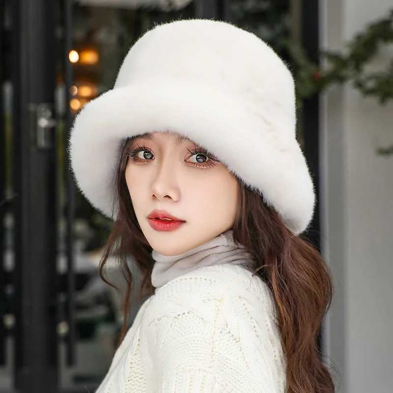 Hat Fluffy Faux Fur Bucket Women Cap Rabbit Fur Warm Thick Plush Winter Leopard Hat Lady Y2k Luxury Fashion Party Fisherman CapX241025