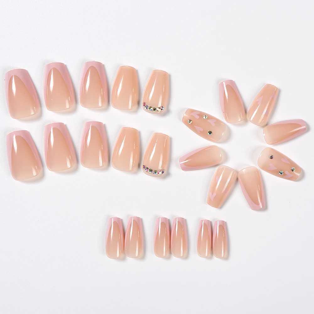24pcs Short Square Head False Nails French Wearable Fake Nail Tips with Love Heart Designs Full Cover Acrylic Press On NailsXJ241025
