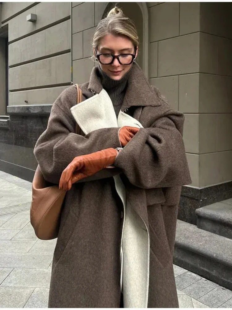 Retro collar wool long coat for womens casual and elegant single chest solid Maxi Coats womens winter loose chic streetwear 241024