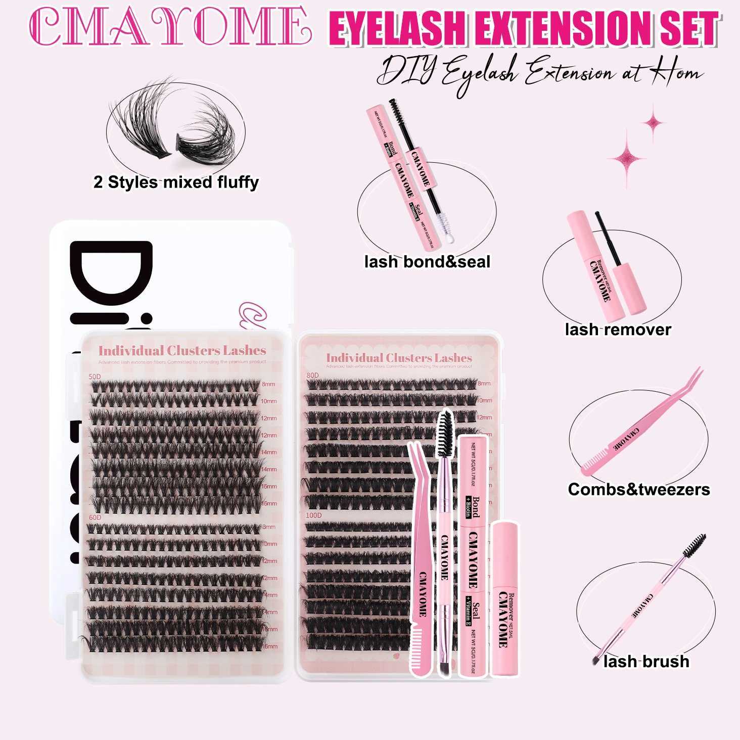 DIY eyelash extension kit 592pcs personal eyelash cluster D curl 8-16mm mixed eyelash cluster with eyelash bonding and sealing and eyelash application