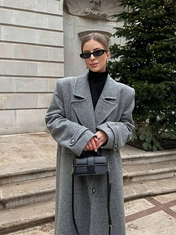 Retro gray collar single corset womens long wool coat fashion street shoulder pad long sleeved jacket autumn womens coat 241024